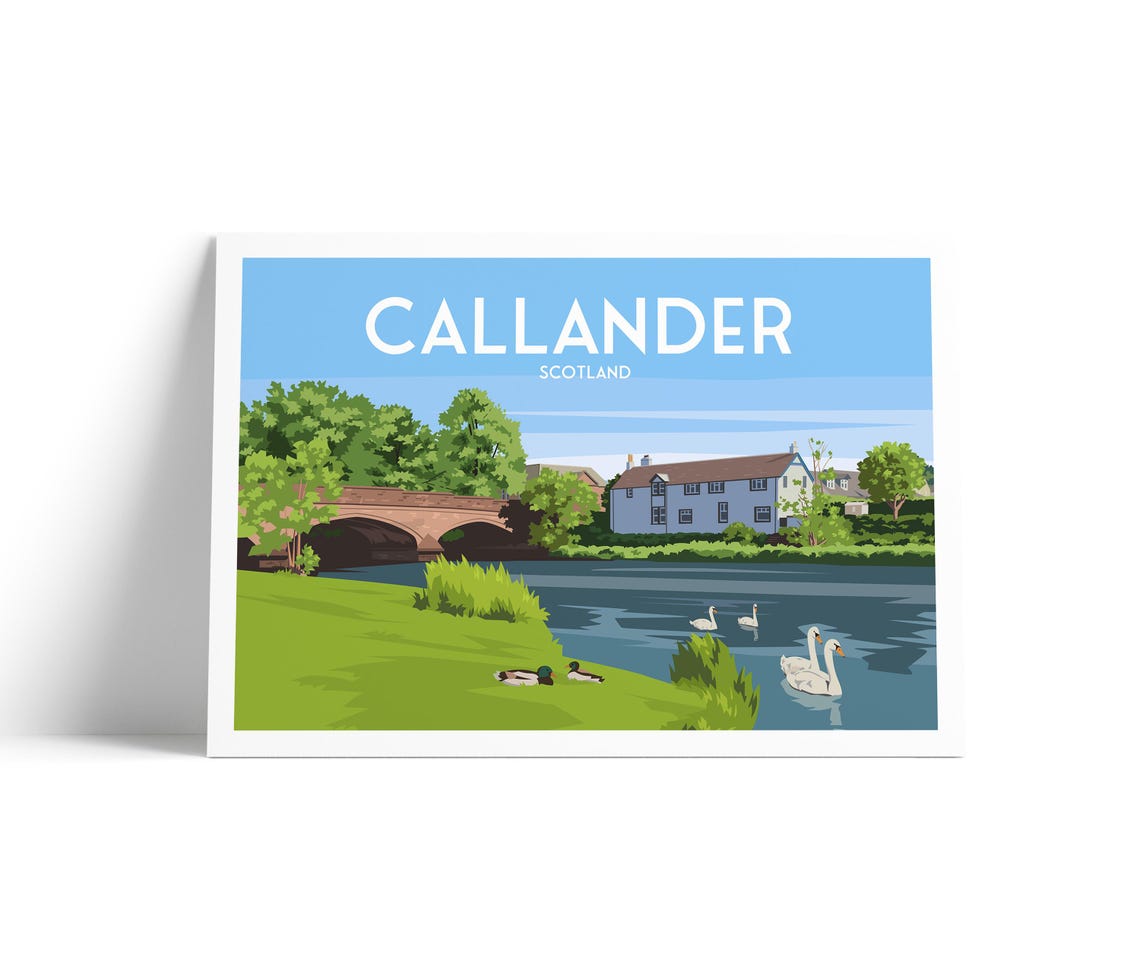 Callander Scotland River Teith Bridge and Swans Travel Poster