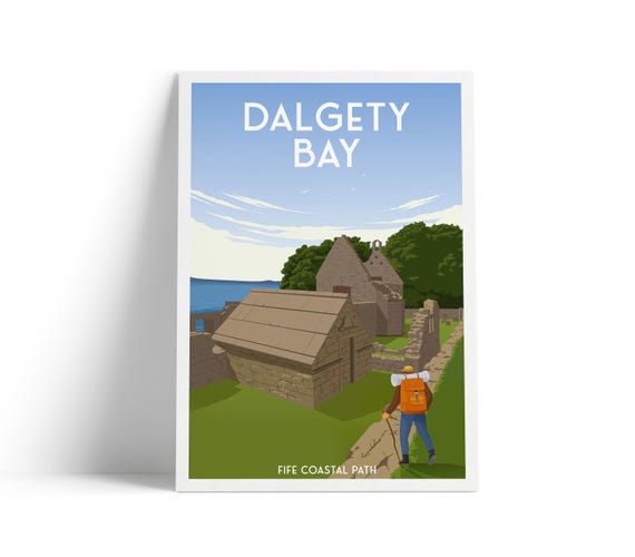 Dalgety Bay Travel Poster St Bridgets Kirk Fife Coastal Path Walker Illustration Scotland Wall Art Print A4 To A1