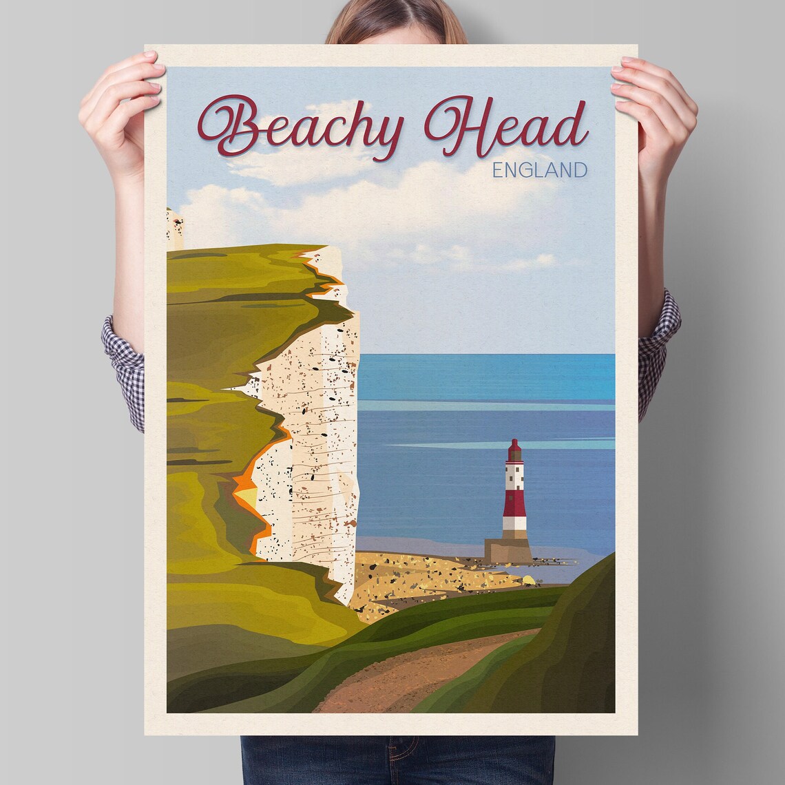 Beachy Head England Chalk Cliffs Travel Poster with Lighthouse Seascape