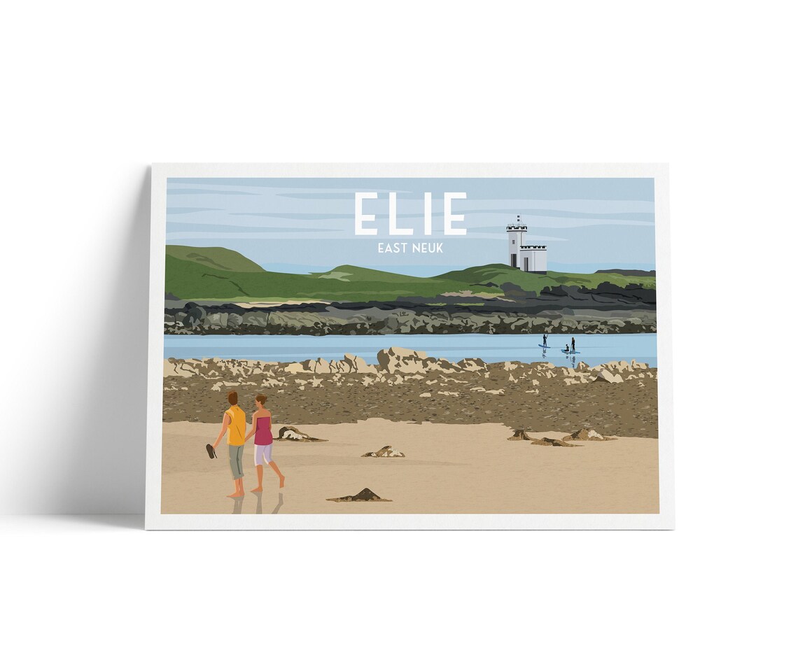 Elie East Neuk Beach Lighthouse Walkers Seaside Travel Poster