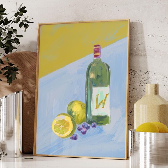 Wine Bottle Lemons Blueberries Colorful Kitchen Still Life Art Poster