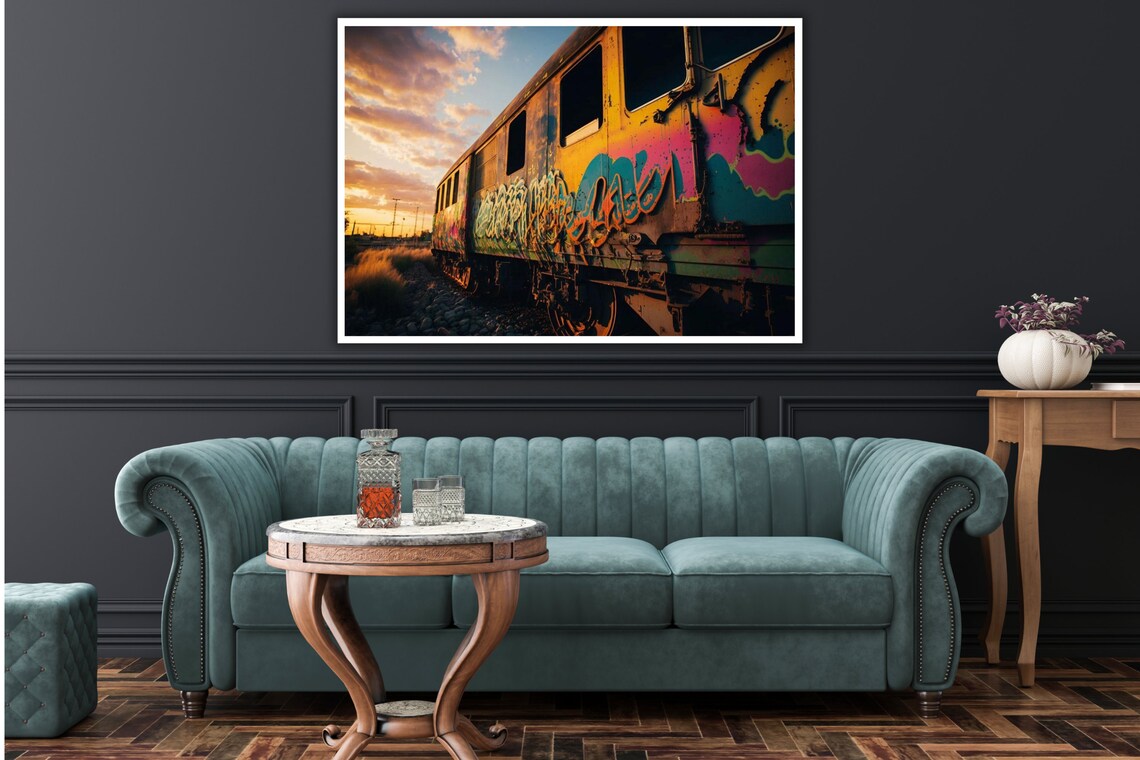 Graffiti Train Cars Sunset Golden Hour Urban Street Photo Poster - Image 3