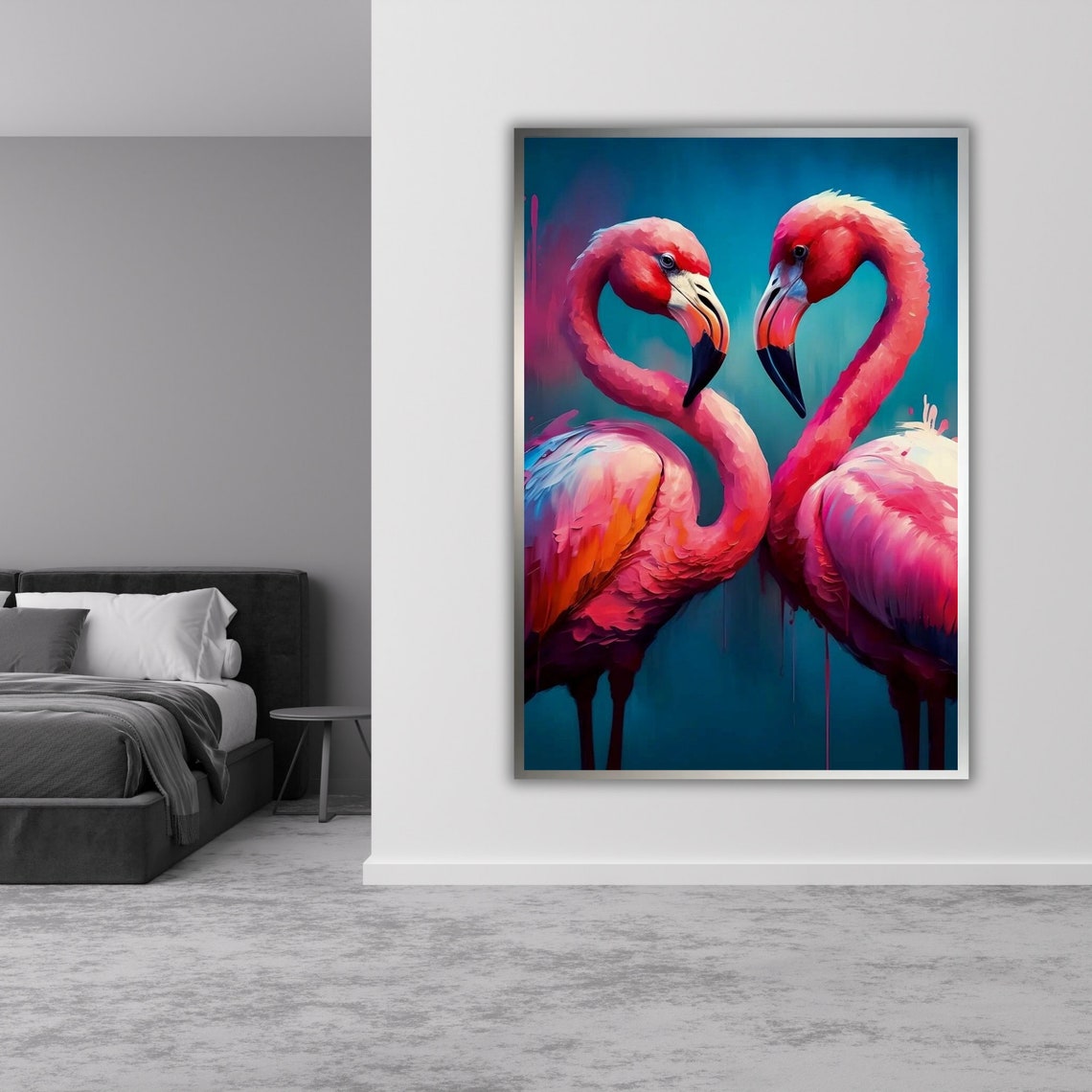 Two Pink Flamingos Heart Shape Vibrant Teal Tropical Wall Poster - Image 3