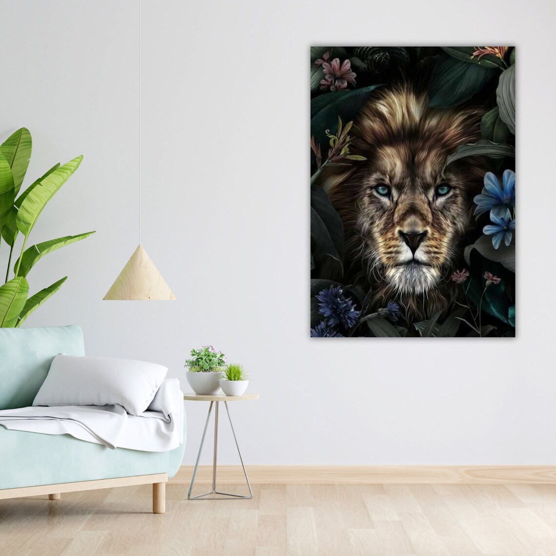 Lion Portrait In Dark Tropical Flowers Moody Jungle Wildlife Fine Art Poster - Image 3