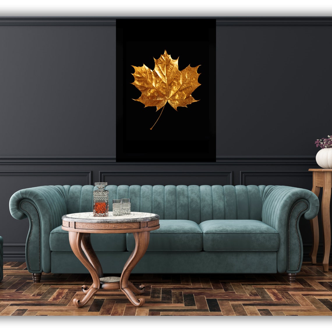 Gold Leaf Oak Leaf Black Background Luxury Metallic Art Wall Poster - Image 2