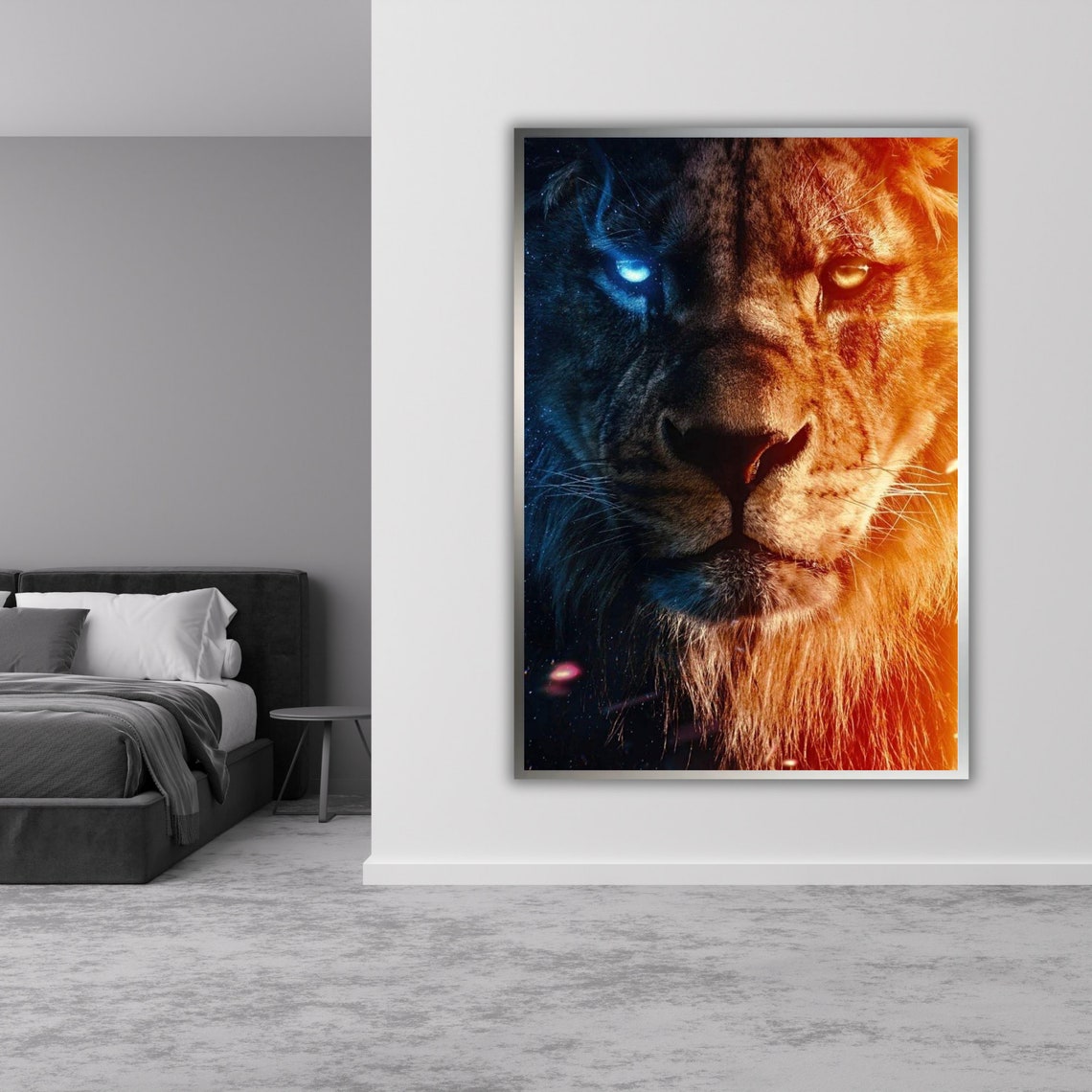 Lion Fire And Ice Split Portrait Blue Orange Eyes Wildlife Poster - Image 3
