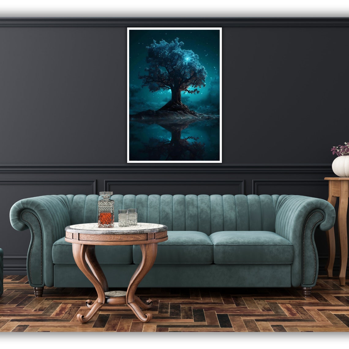 Glowing Blue Tree Island Night Reflection Starry Sky Fantasy Poster - Image 4