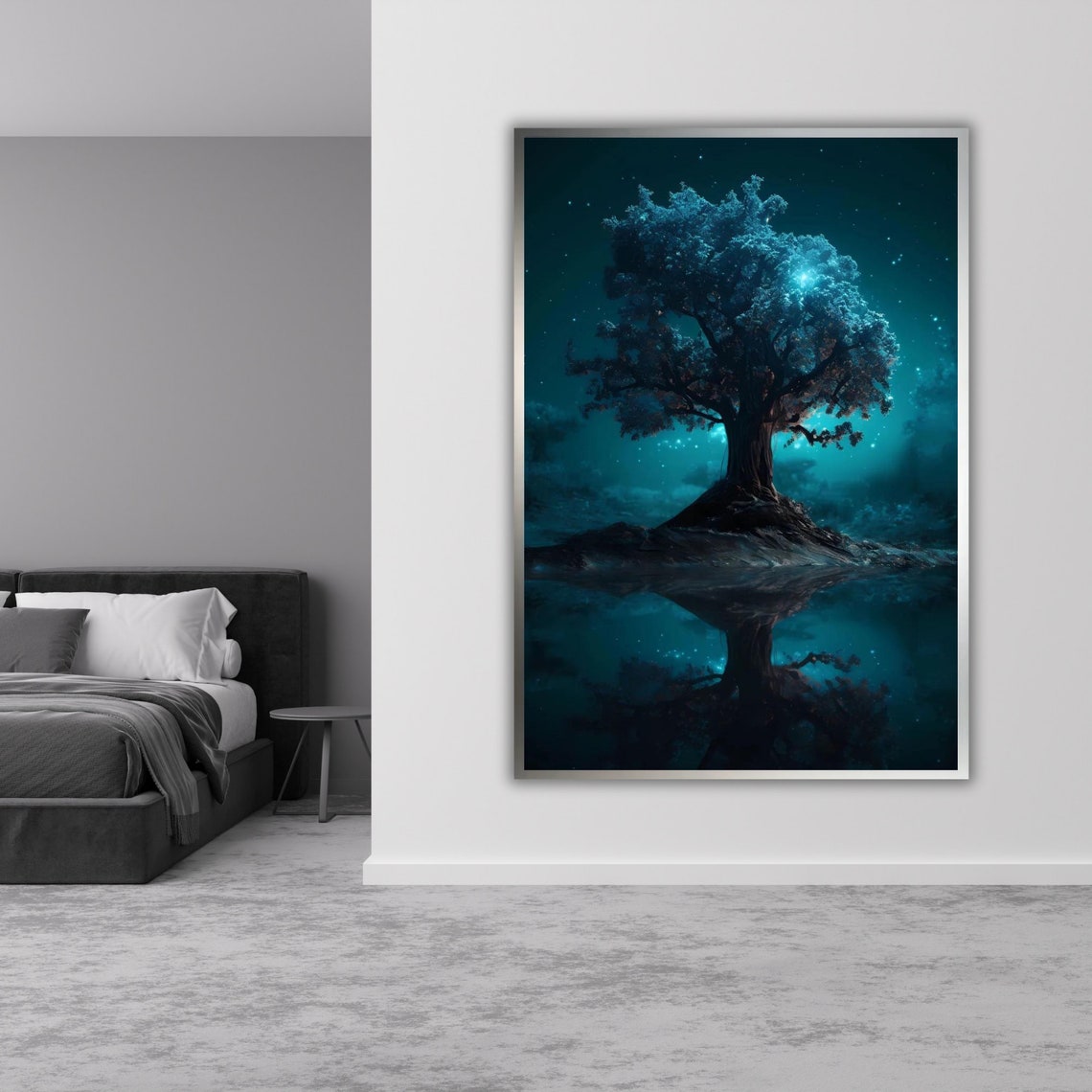 Glowing Blue Tree Island Night Reflection Starry Sky Fantasy Poster - Image 5