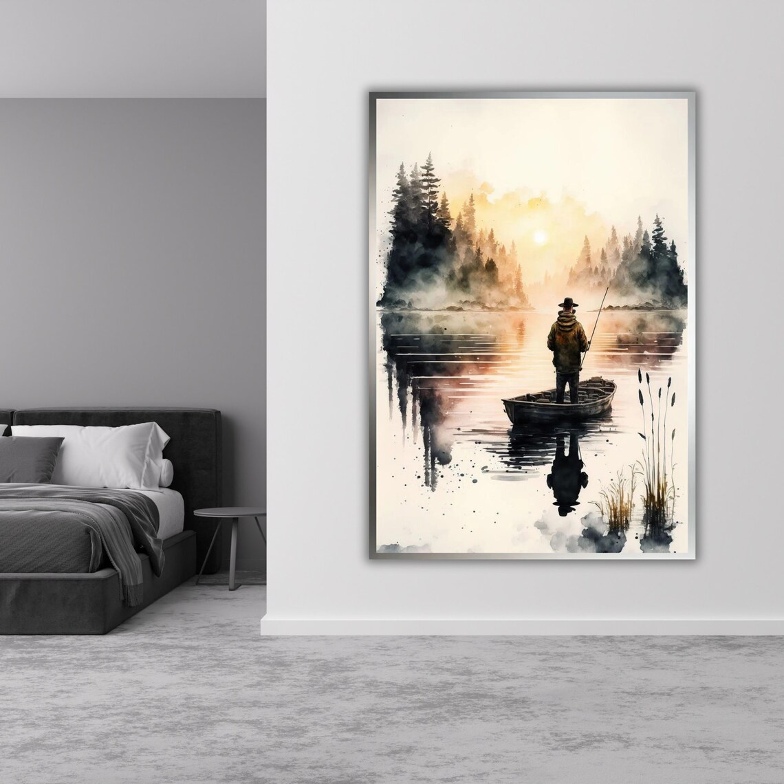 Fisherman Misty Lake Sunrise Watercolor Boat Pine Forest Art Poster - Image 4