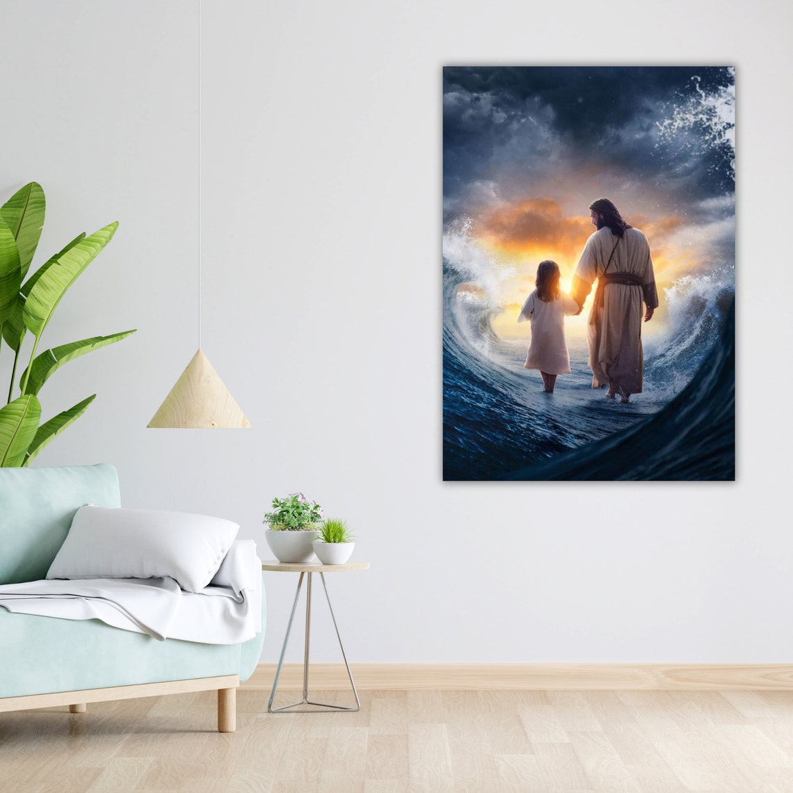 Jesus Child Walking Parted Sea Waves Sunset Dramatic Art Poster - Image 5