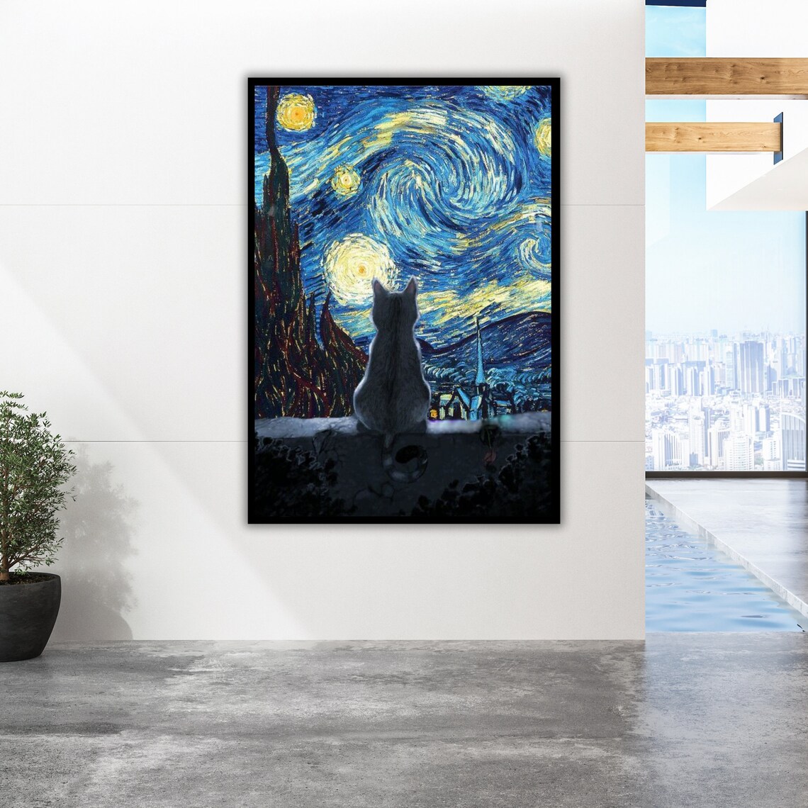 Van Gogh Starry Night Black Cat Silhouette Classic Art Cat Lover Poster - Image 2
