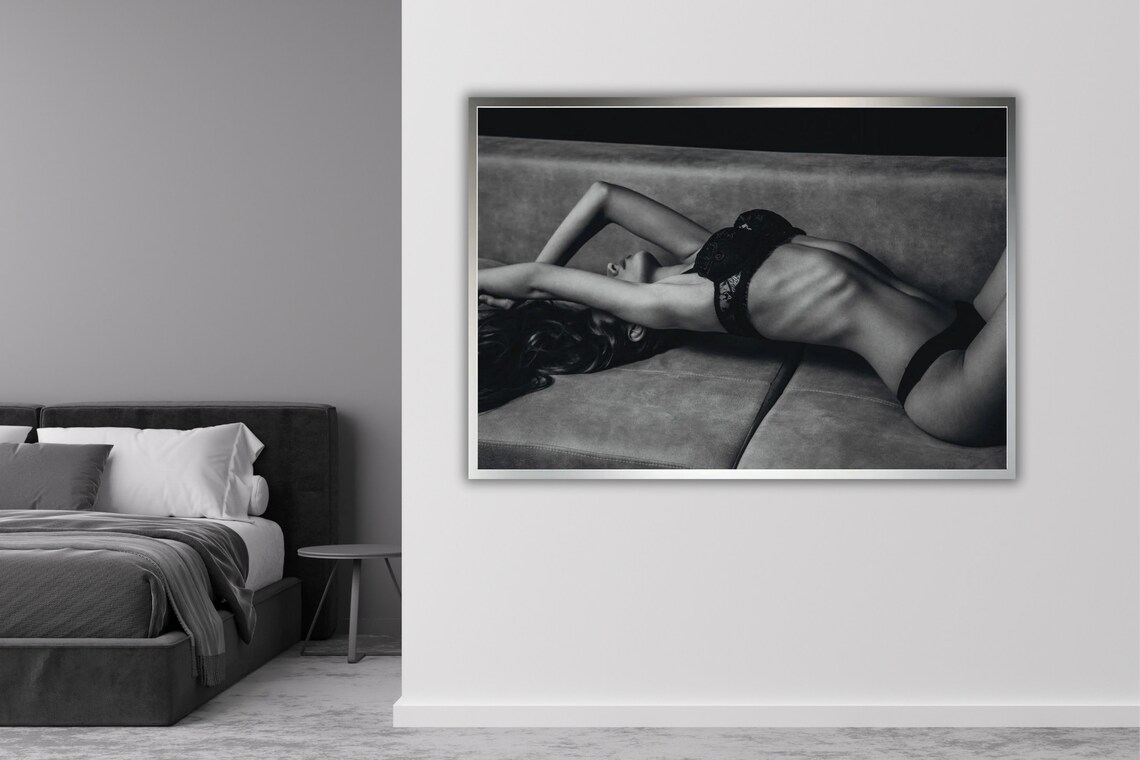 Black and White Boudoir Woman on Bed Sensual Photography Poster - Image 4