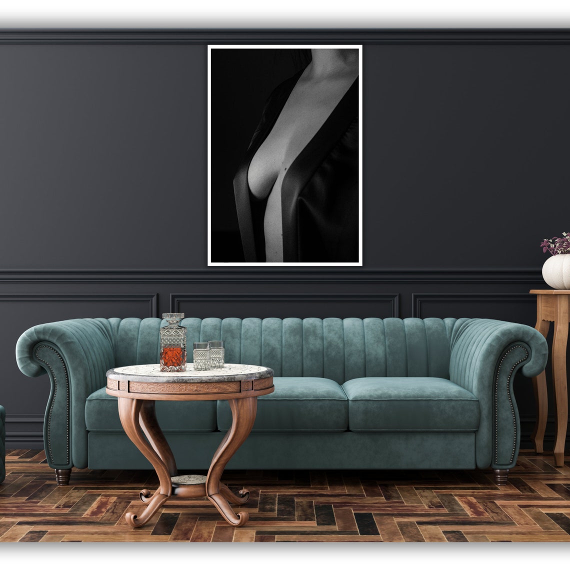 Black And White Silk Robe Boudoir Photography Elegant Art Poster - Image 3