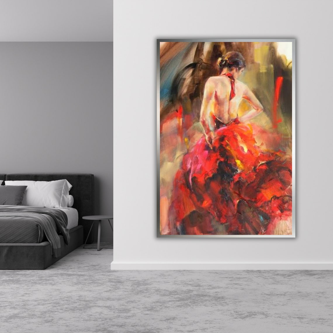 Spanish Flamenco Dancer Red Ruffled Dress Back View Oil Art Poster - Image 3