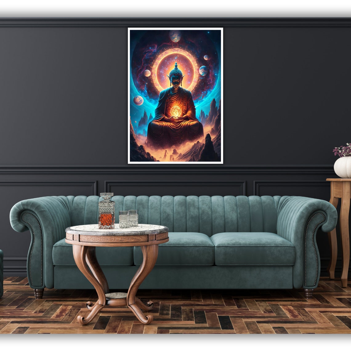 Cosmic Buddha Planets Galaxy Glowing Halo Light Orb Zen Art Poster - Image 4