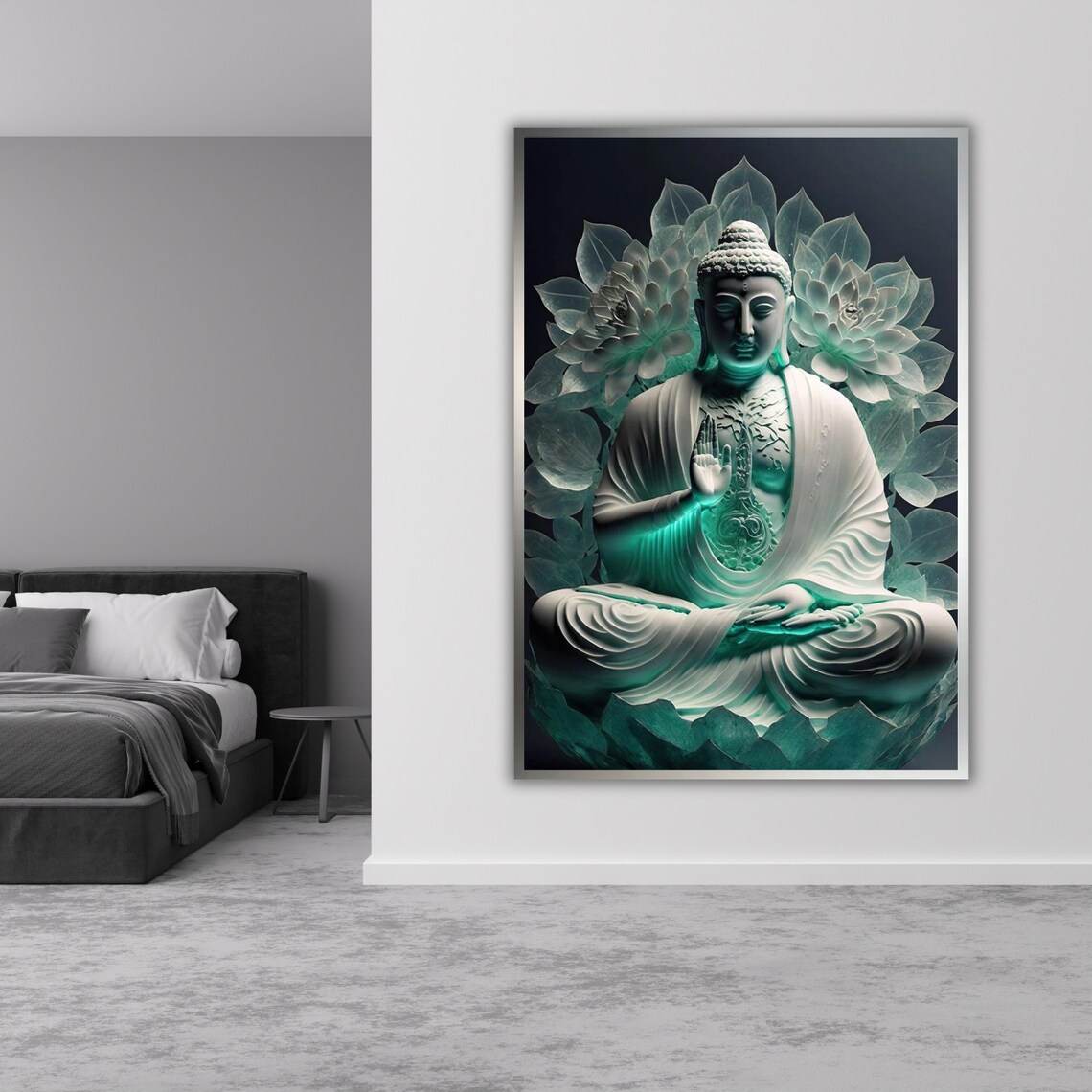 White Jade Buddha Green Lotus Leaves Glowing Dark Zen Art Poster - Image 4
