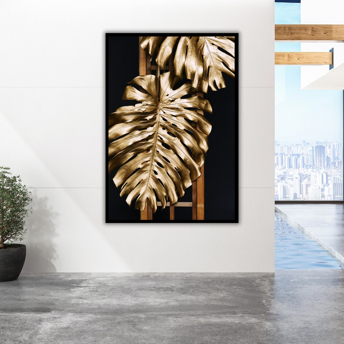 Golden Monstera Leaves Black Backdrop Modern Botanical Art Poster - Image 5