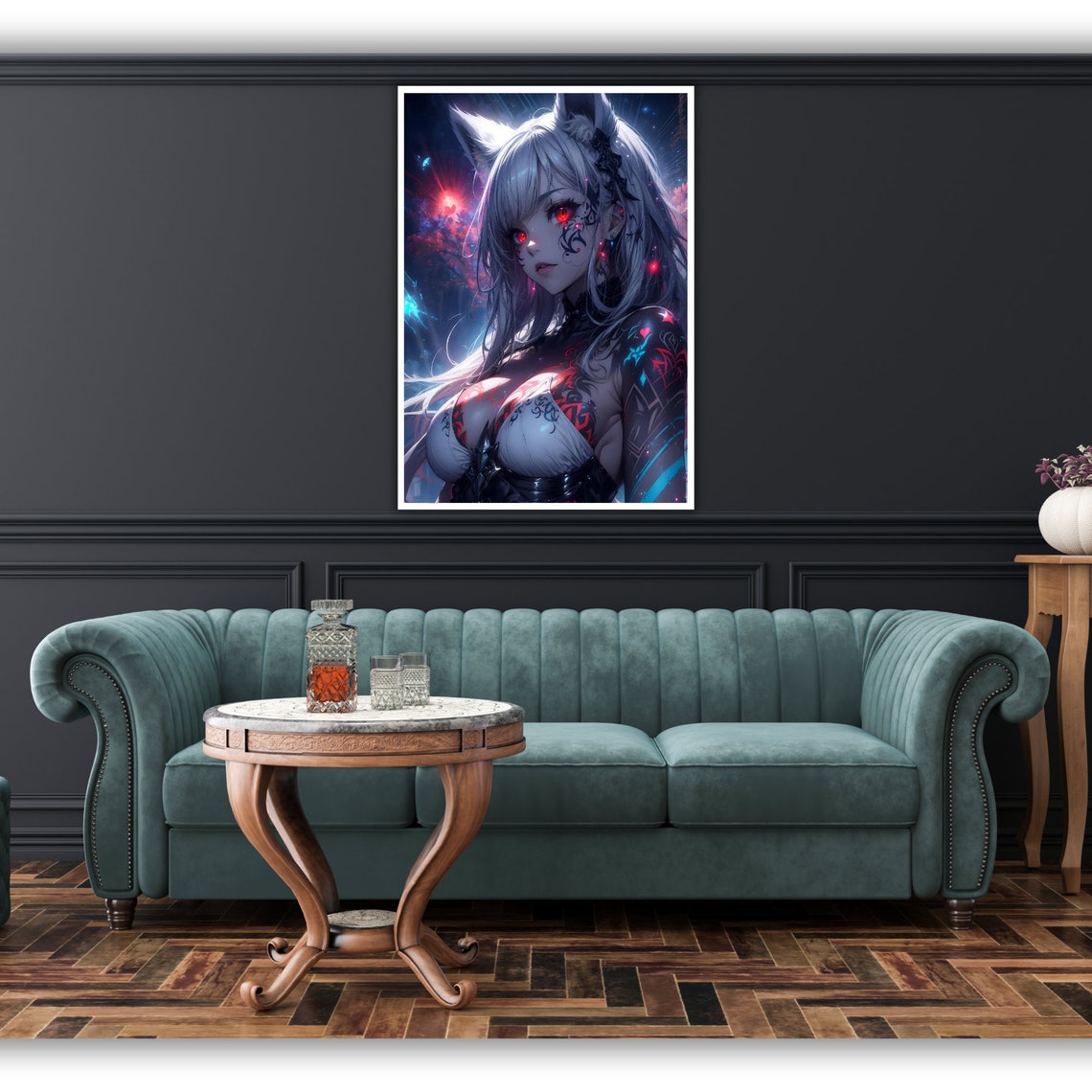 Digital Anime Cat Girl Silver Hair Red Eyes Cosmic Neon Art Poster - Image 2