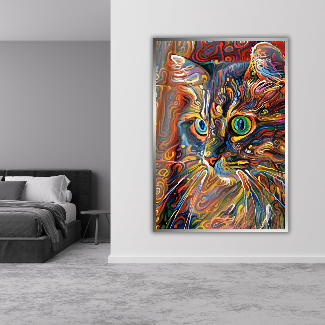 Psychedelic Cat Face Rainbow Swirl Green Eyes Whimsical Feline Poster - Image 4