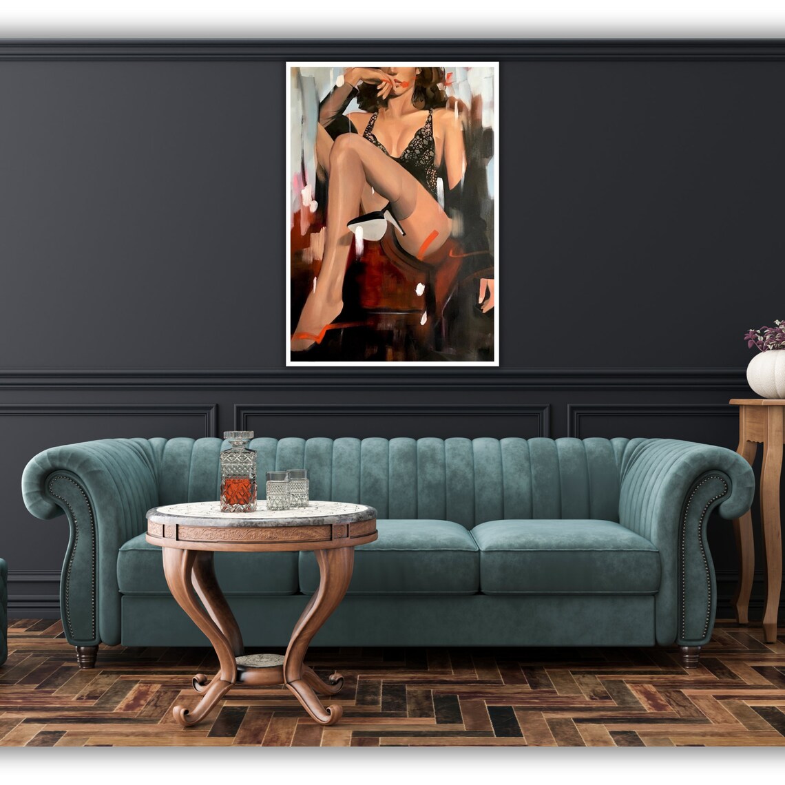 Woman Black Lace Lingerie Bold Painterly Portrait Glamour Art Wall Poster - Image 3