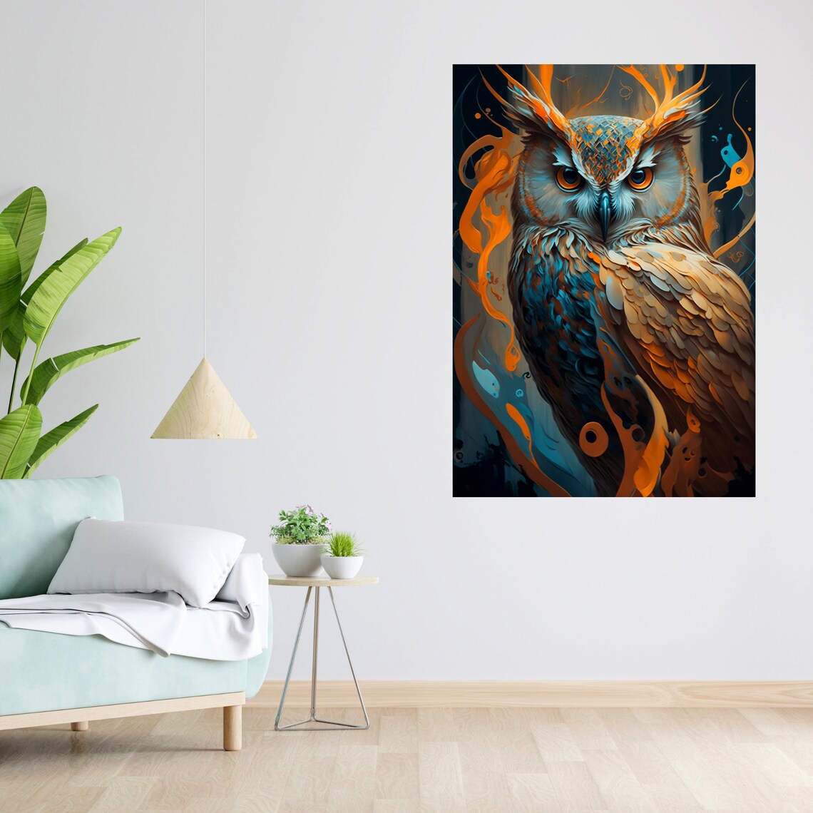 Great Horned Owl Digital Painting Blue Orange Fantasy Bird Art Poster - Image 4