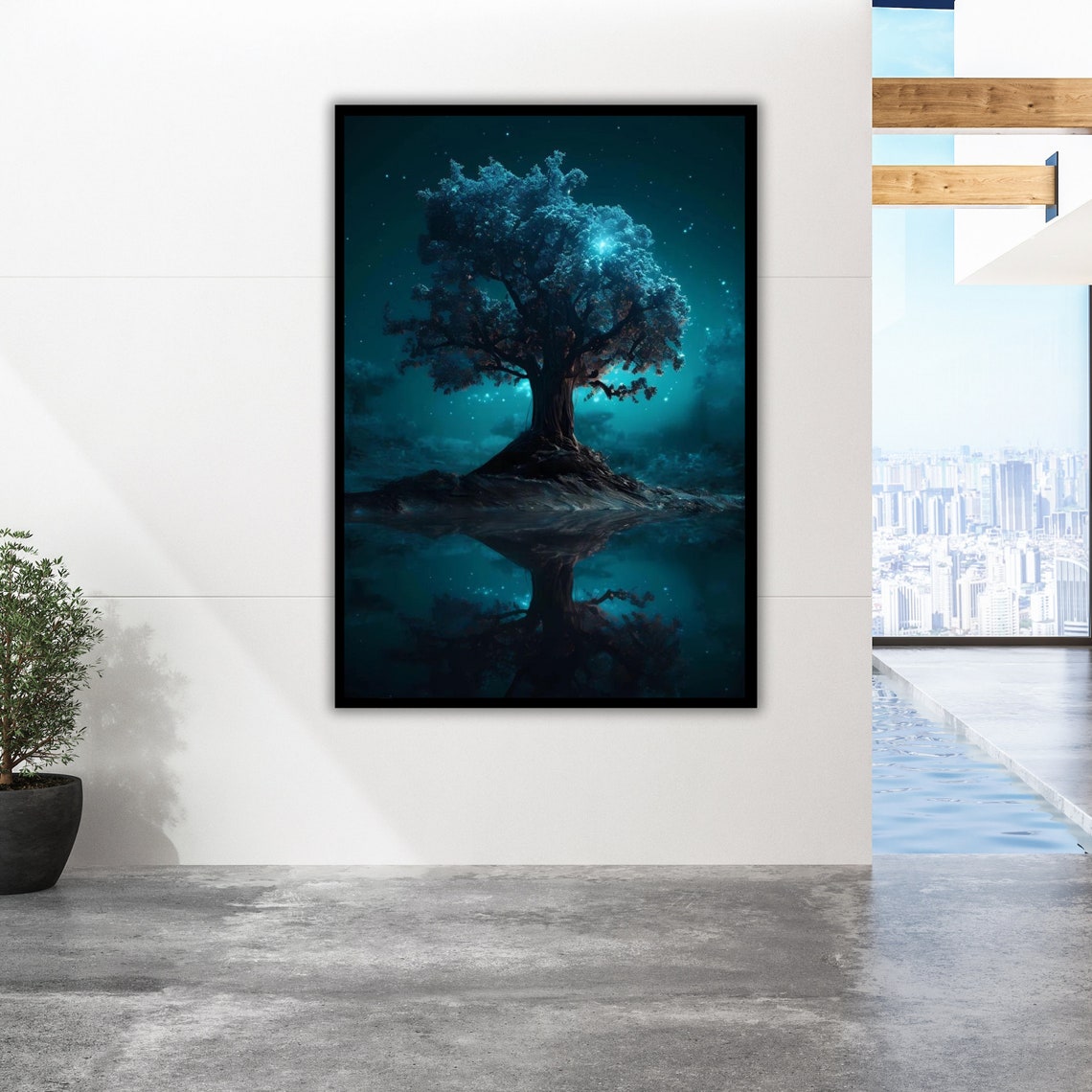 Glowing Blue Tree Island Night Reflection Starry Sky Fantasy Poster - Image 3