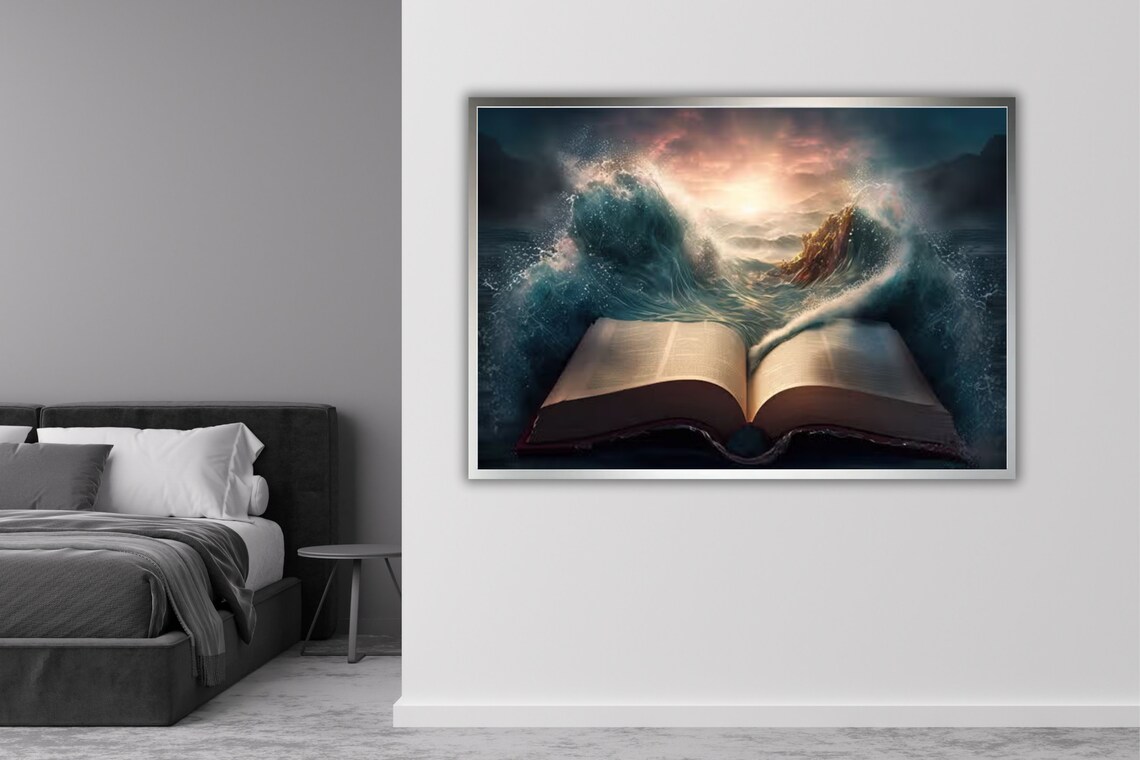 Open Bible With Ocean Waves Bursting From Pages Surreal Faith Art Poster - Image 5
