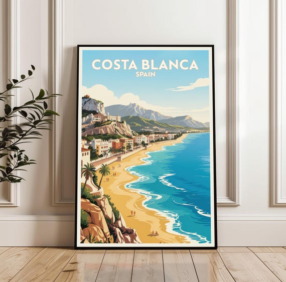 Costa Blanca Poster Spain Travel Print City Gift Coastal Wall Art Illustration