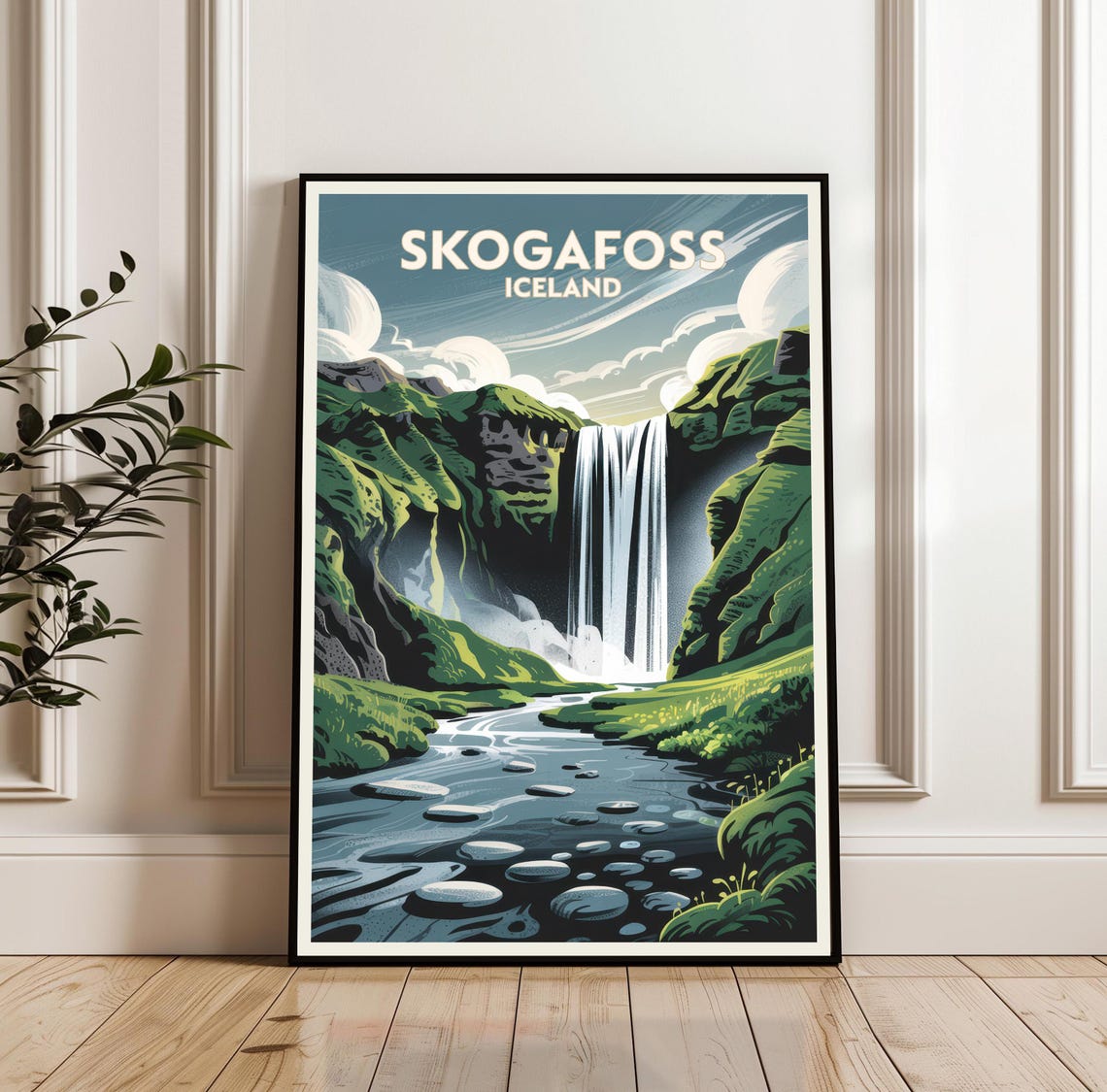 Skogafoss Iceland Waterfall Travel Poster Green Cliffs Vintage Scene