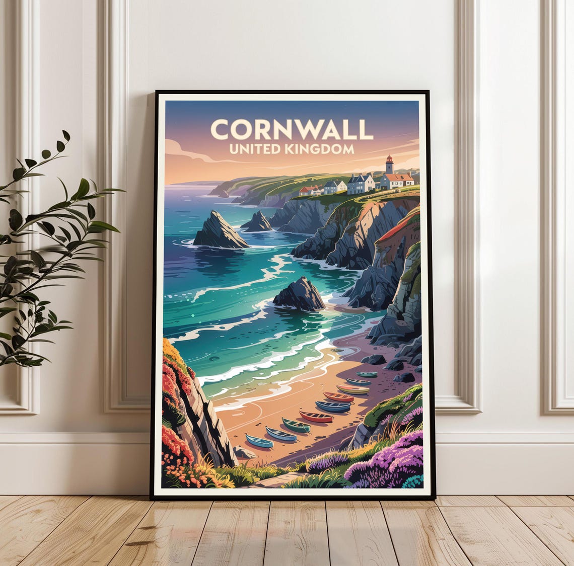 Cornwall Rocky Cliffs Boats Beach Cove England Travel Poster