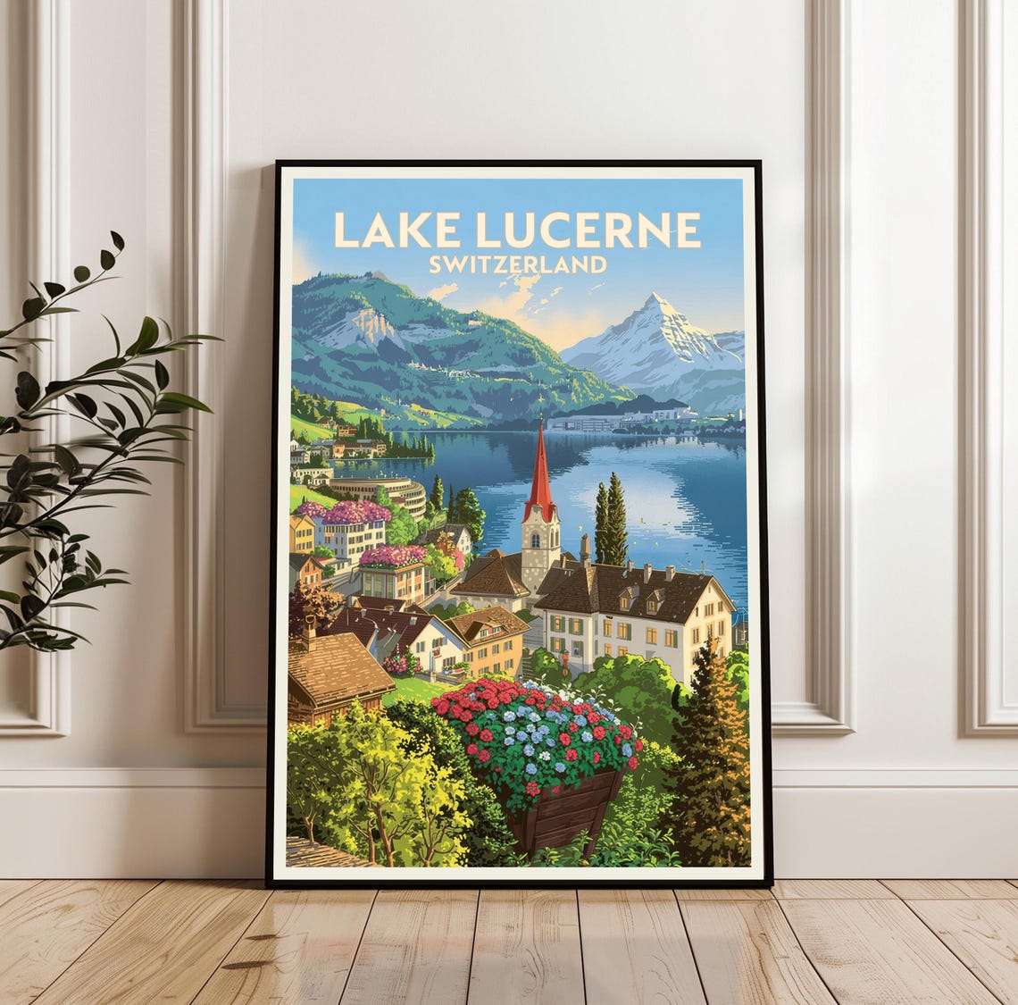 Lake Lucerne Switzerland Lakeside Village Alps Travel Poster