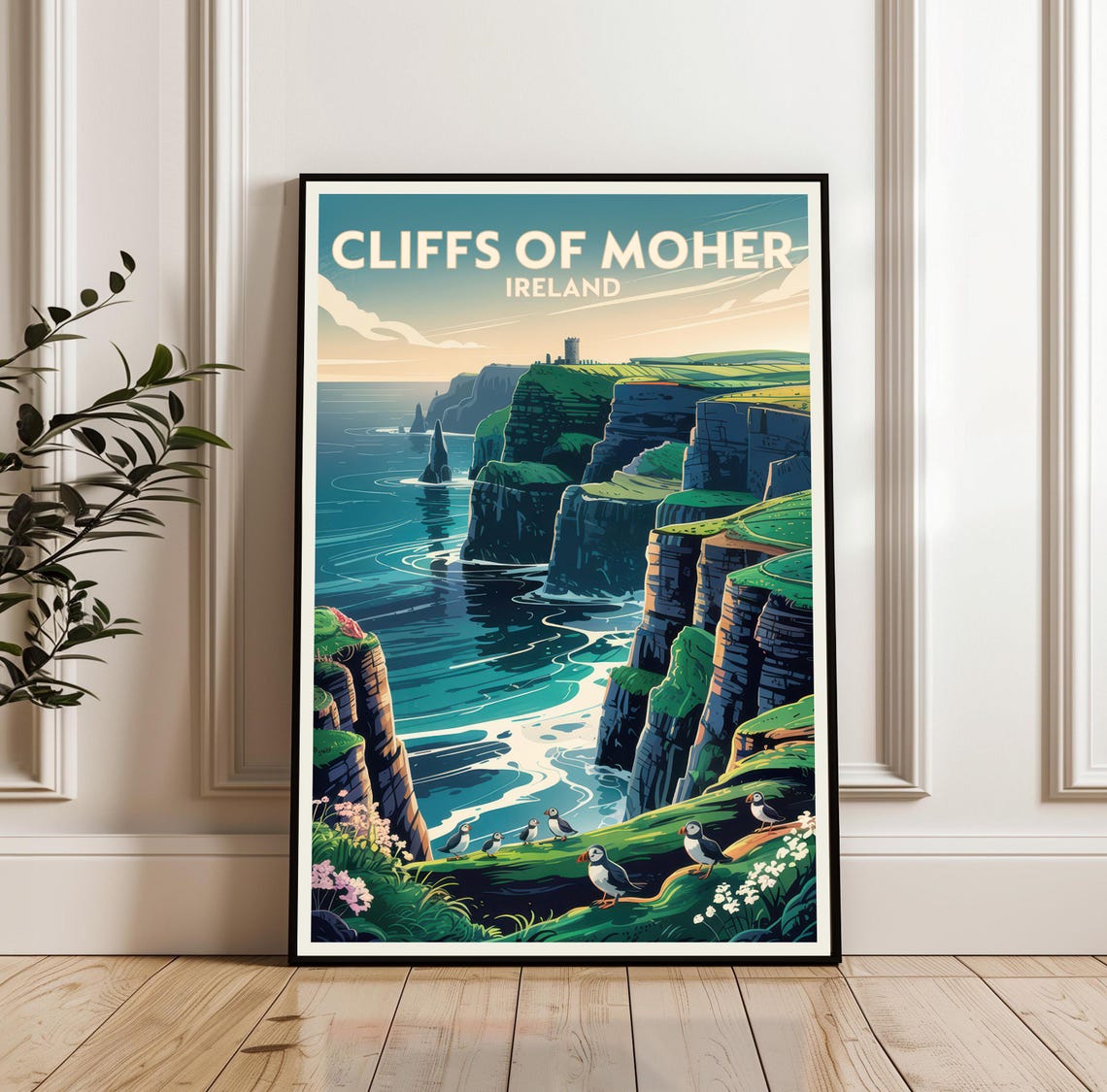 Cliffs Of Moher Ireland Puffins Coastal Vintage Travel Poster