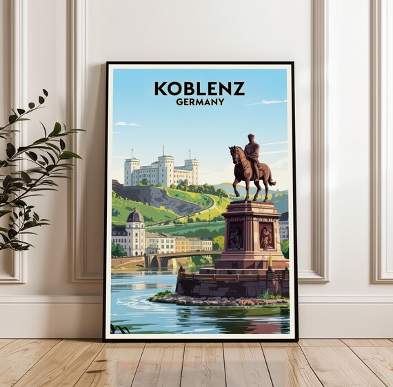 Koblenz Germany Vintage Travel Poster With Riverside Equestrian Statue