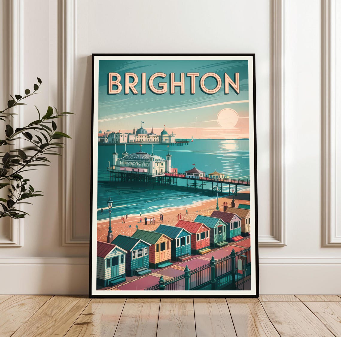 Brighton England Palace Pier Beach Huts Sunset Vintage Travel Poster