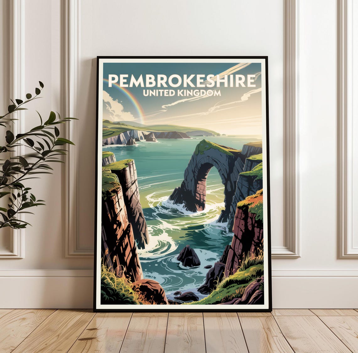 Pembrokeshire United Kingdom Sea Arch Cliffs And Rainbow Travel Poster