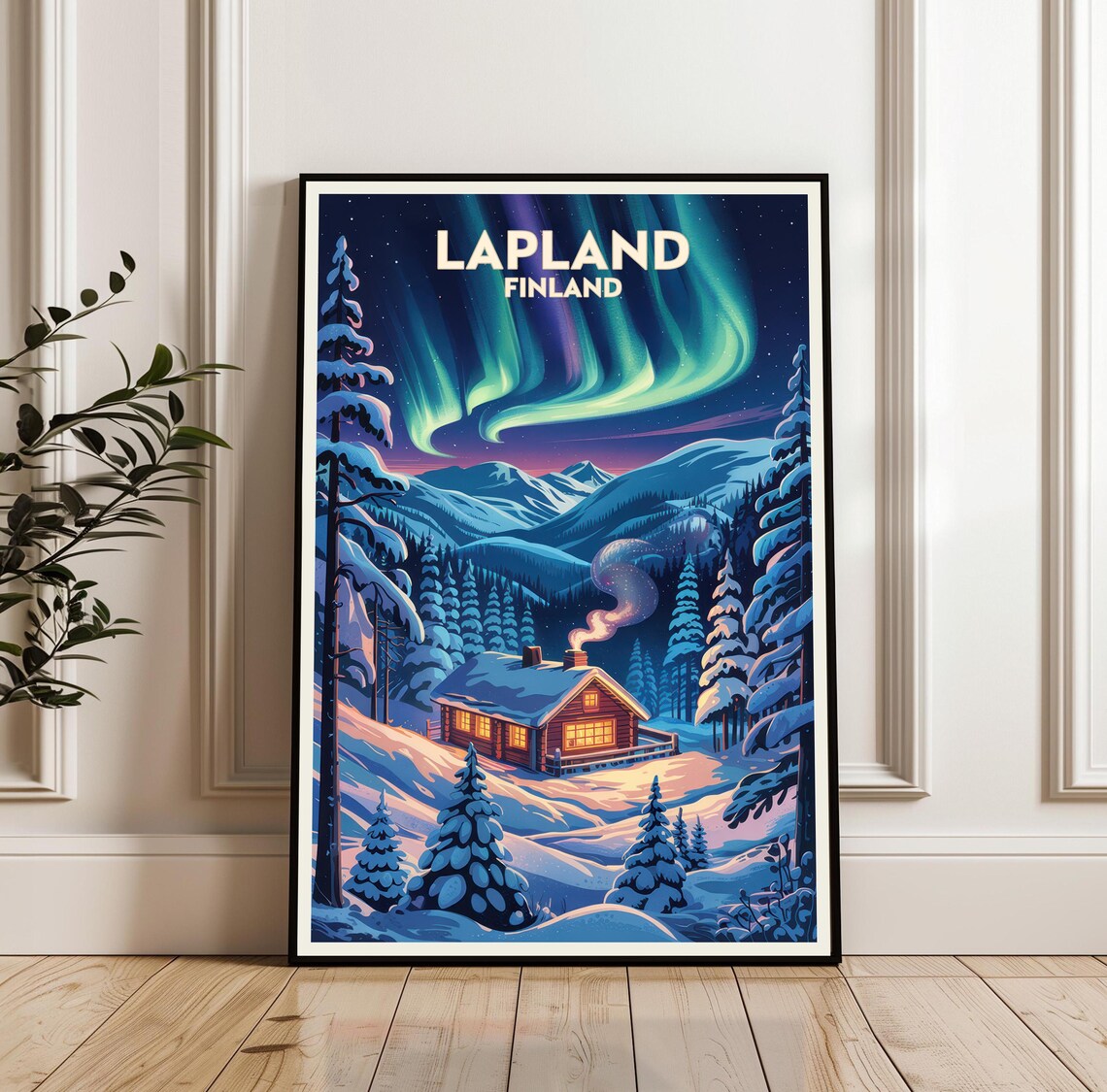 Lapland Finland Northern Lights Cozy Cabin Snowy Night Travel Poster