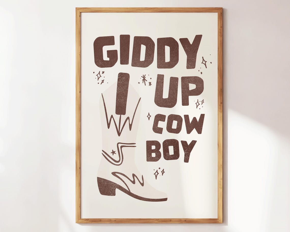 Giddy Up Cowboy Brown Boot Western Retro Typography Quote Poster - Image 2