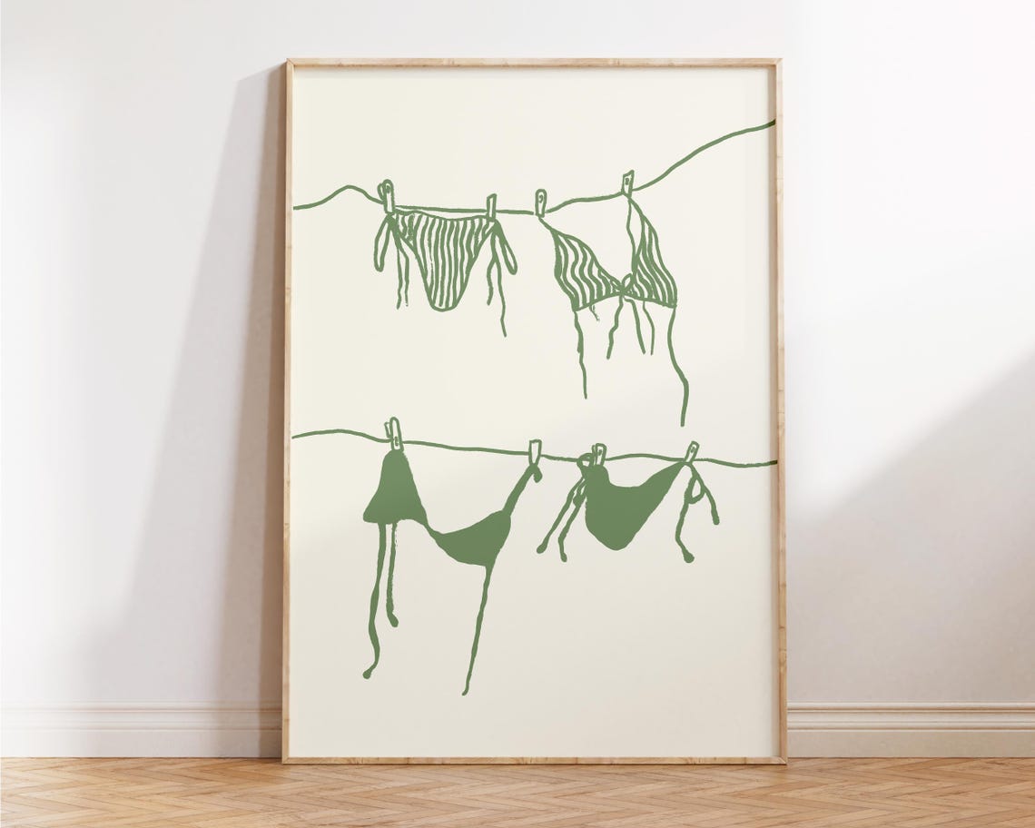 Bikini Clothesline Illustration Sage Green Coastal Summer Beach Poster - Image 3