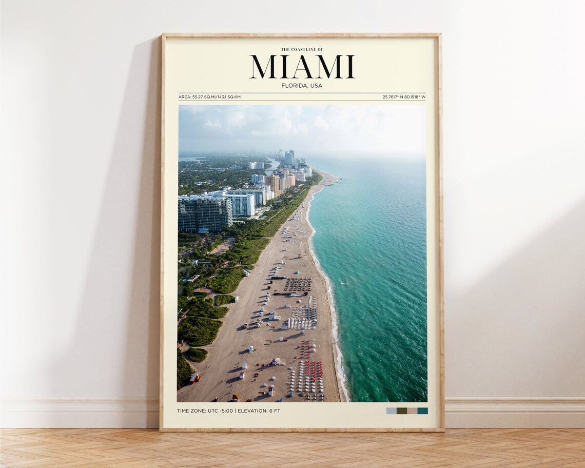 Miami Florida Beach Coastline Aerial View Travel Poster Ocean Art