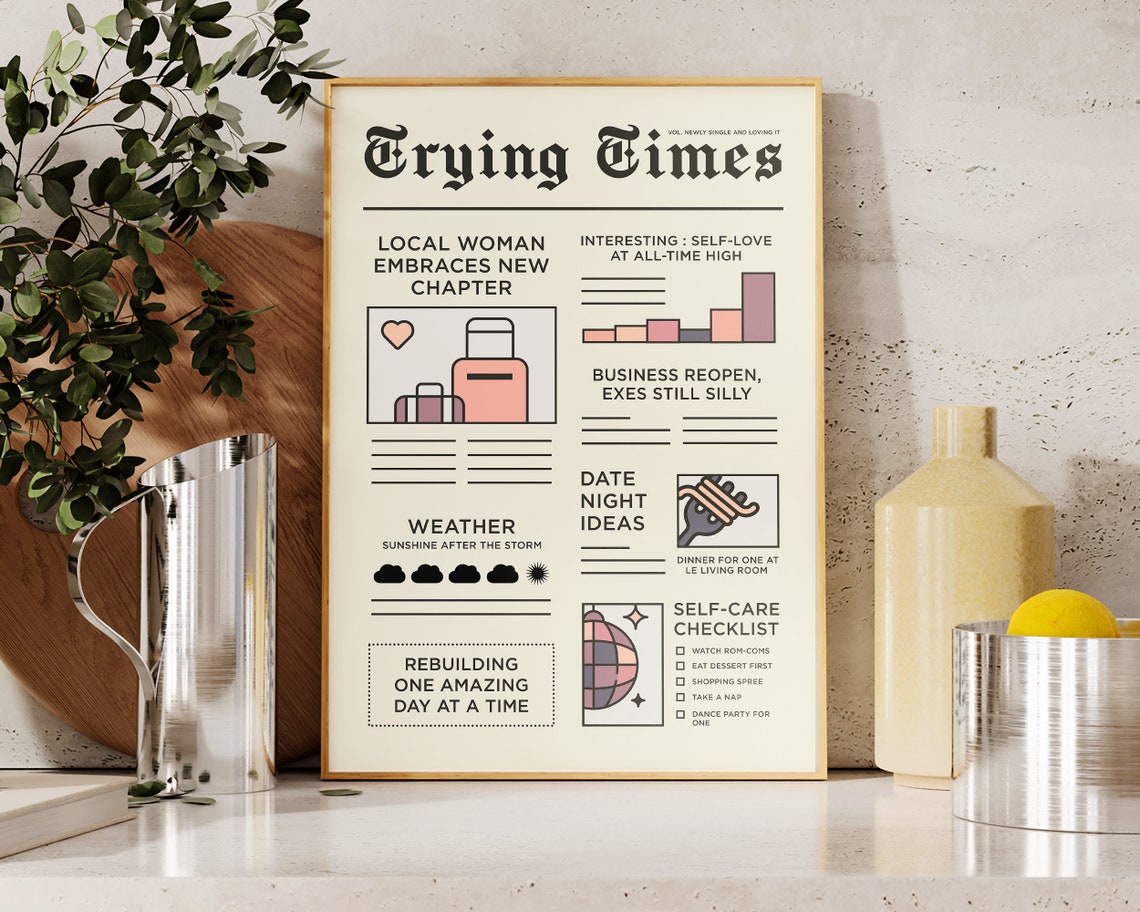 Trying Times Funny Divorce Newspaper Quote Print Self Love Wall Art - Image 3