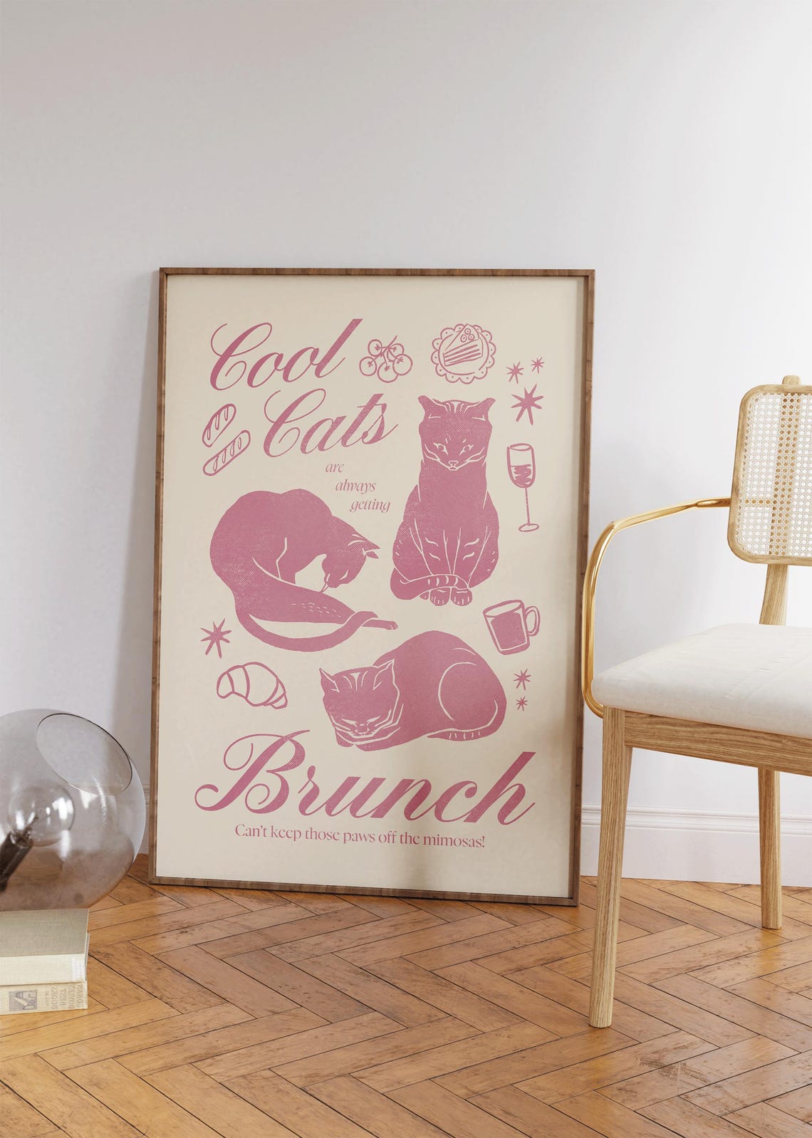 Cool Cats Brunch Funny Pink Retro Cat Illustration Kitchen Poster - Image 3