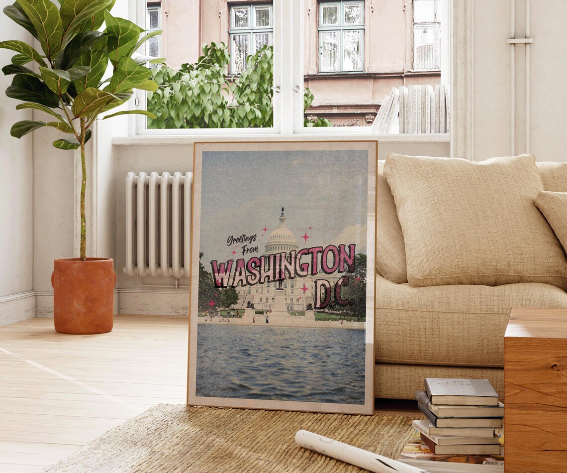 Washington DC Retro Capitol Pink Travel Poster Vintage Greetings Style - Image 2