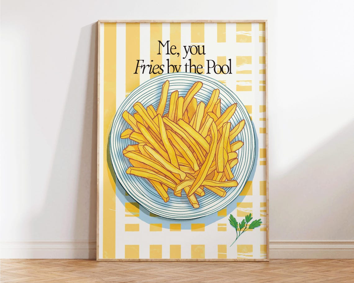 Fries By The Pool Yellow Kitchen Food Illustration Retro Wall Poster - Image 4