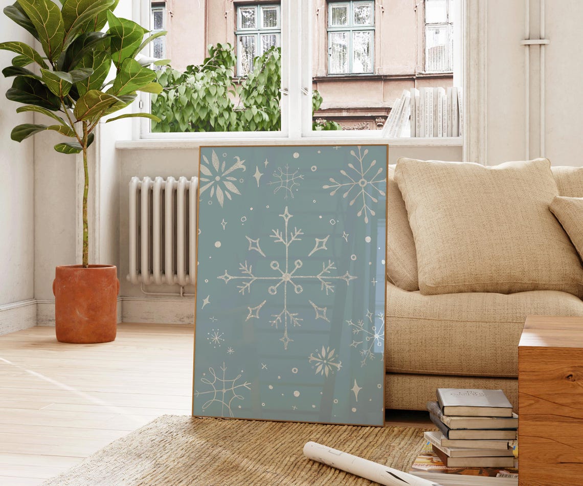 Dusty Blue Snowflake Pattern Winter Christmas Wall Art Poster - Image 4