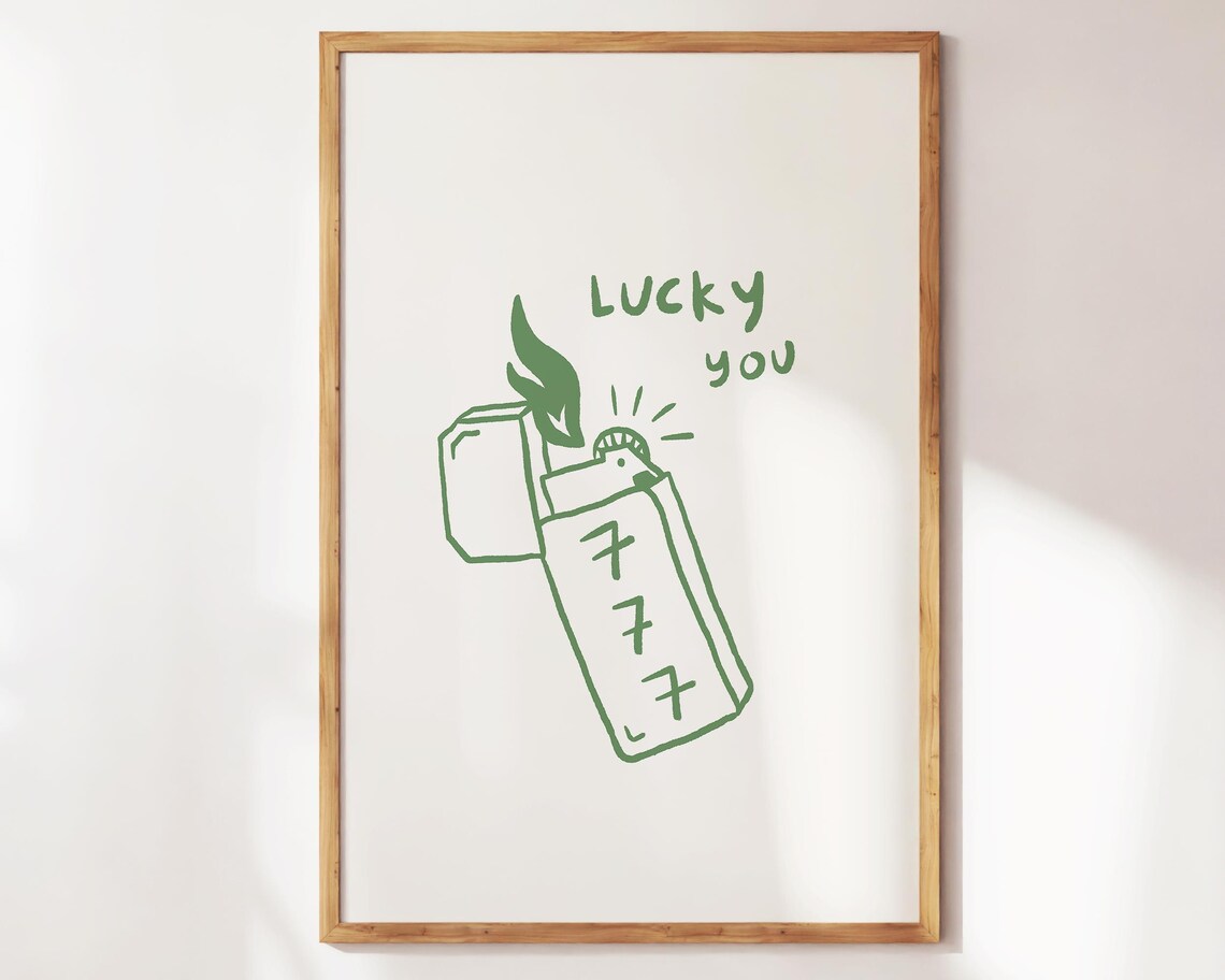 Lucky You 777 Angel Number Lighter Doodle Green Wall Art Print Poster