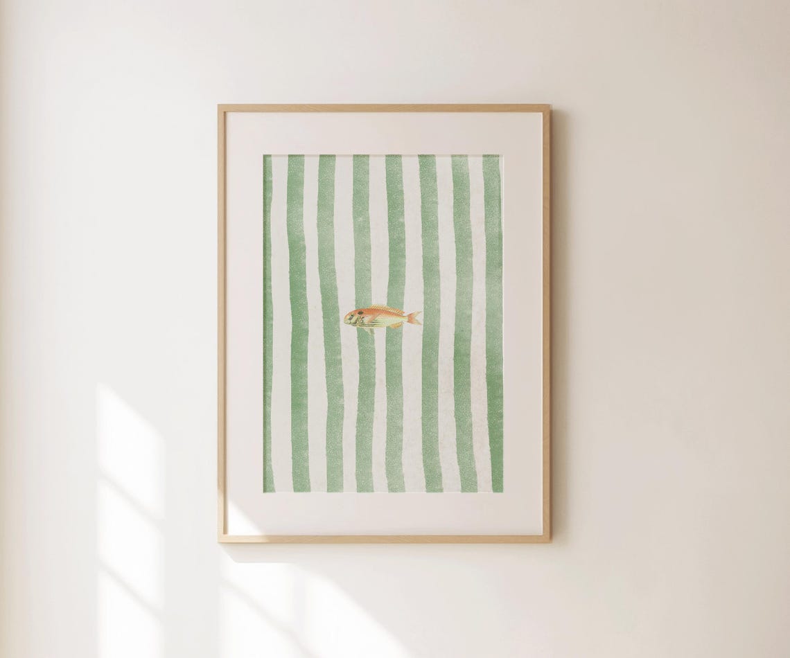 Lone Fish Retro Illustration Green Striped Coastal Kitchen Wall Print
