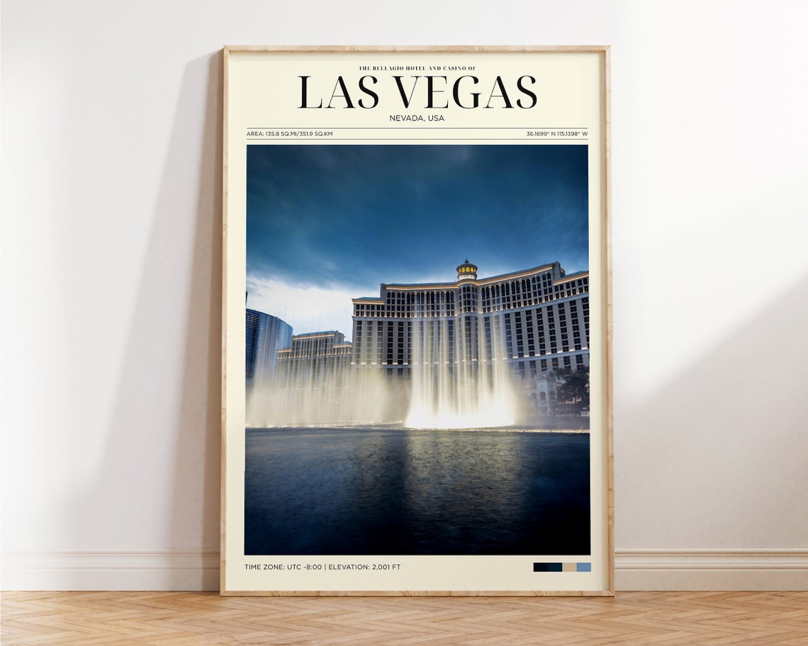 Travel Poster Las Vegas Strip Poster Las Vegas Bellagio Print Las Vegas Wall Art For Living Room Large Modern Office Cities Wall Art