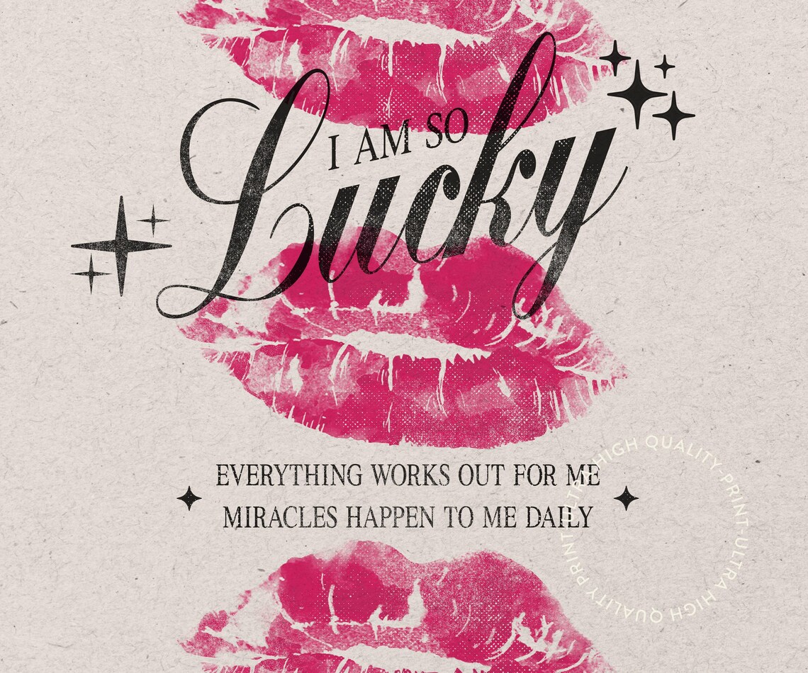 I Am So Lucky Lipstick Kiss Affirmation Pink Girly Bedroom Wall Print - Image 5