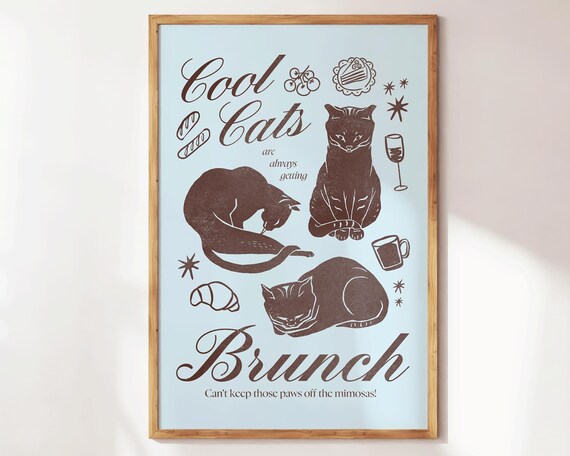 Cool Cats Brunch Chocolate Retro Cat Illustration Kitchen Wall Poster