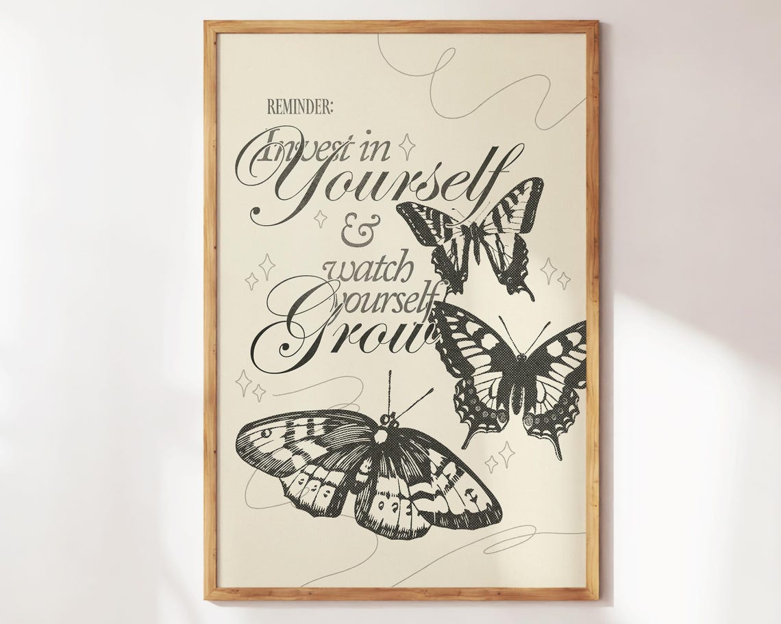 Invest In Yourself And Watch Yourself Grow Girly Apartment Decor Retro Cute Self Love Print Preppy Floral Butterflies Print Positive Art